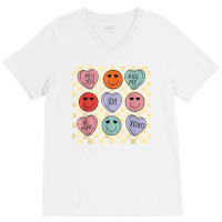 Hearts Happy Face Retro Groovy Valentines Day Women Men T Shirt V-neck Tee | Artistshot