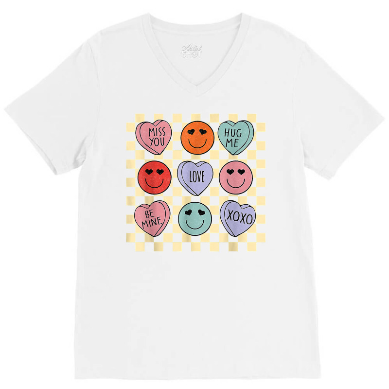 Hearts Happy Face Retro Groovy Valentines Day Women Men T Shirt V-neck Tee | Artistshot