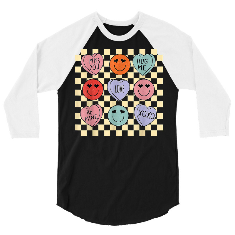 Hearts Happy Face Retro Groovy Valentines Day Women Men T Shirt 3/4 Sleeve Shirt | Artistshot