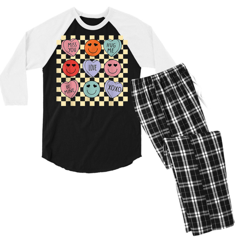 Hearts Happy Face Retro Groovy Valentines Day Women Men T Shirt Men's 3/4 Sleeve Pajama Set | Artistshot