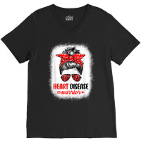 Womens Heart Disease Warrior Messy Bun Leopard Heart Disease T Shirt V-neck Tee | Artistshot