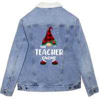 Teacher Gnome Buffalo Plaid Matching Family Christmas Pajama Funny Gif Unisex Sherpa-lined Denim Jacket | Artistshot