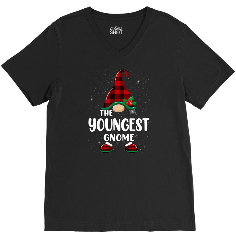 Youngest Gnome Buffalo Plaid Matching Family Christmas Pajama Funny Gi V-neck Tee | Artistshot