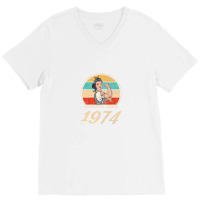 Womens Birthday - Vintage - Powerful Since 1974 V-neck Tee | Artistshot