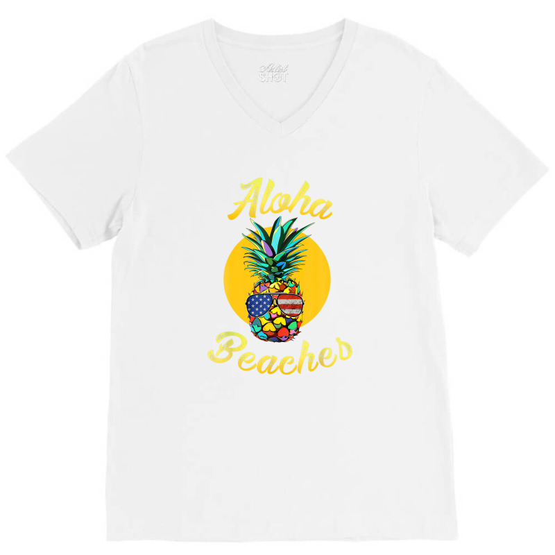 Pineapple Aloha Beaches Rainbow Retro Vintage Hawaiian V-neck Tee | Artistshot