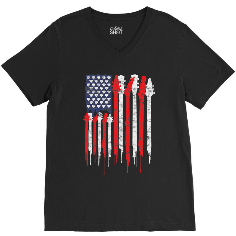 American Flag Guitar Red White Patriotic Music Lover V-neck Tee | Artistshot