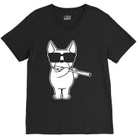 Transverse Flute T  Shirt Flutist Flute Player Dog With Flute T  Shirt V-neck Tee | Artistshot