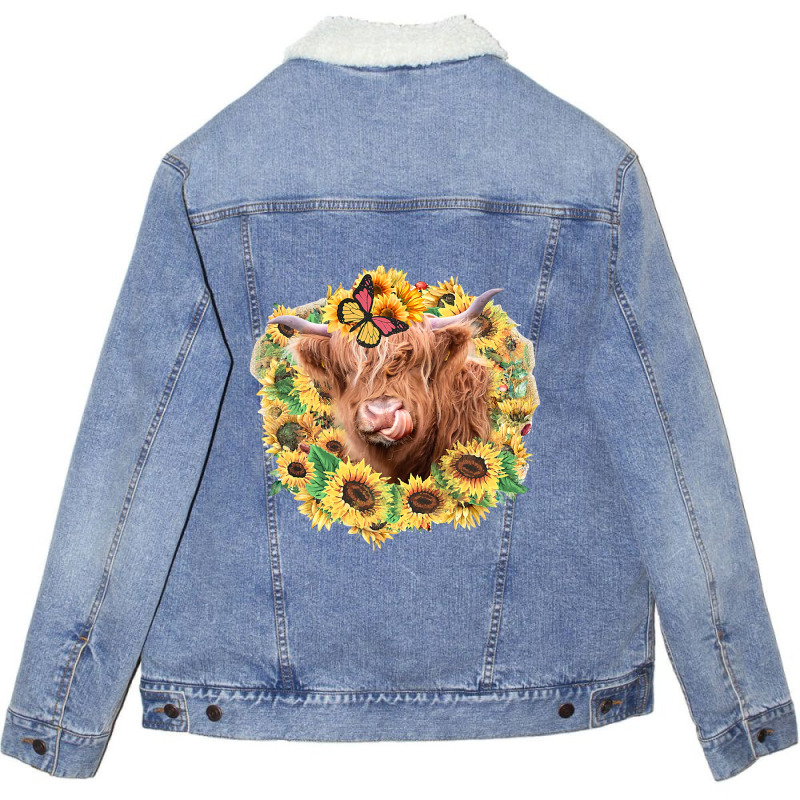 Highland Cow Sunflower Butterfly Farm Animals Western Heifer 141 Unisex Sherpa-lined Denim Jacket | Artistshot