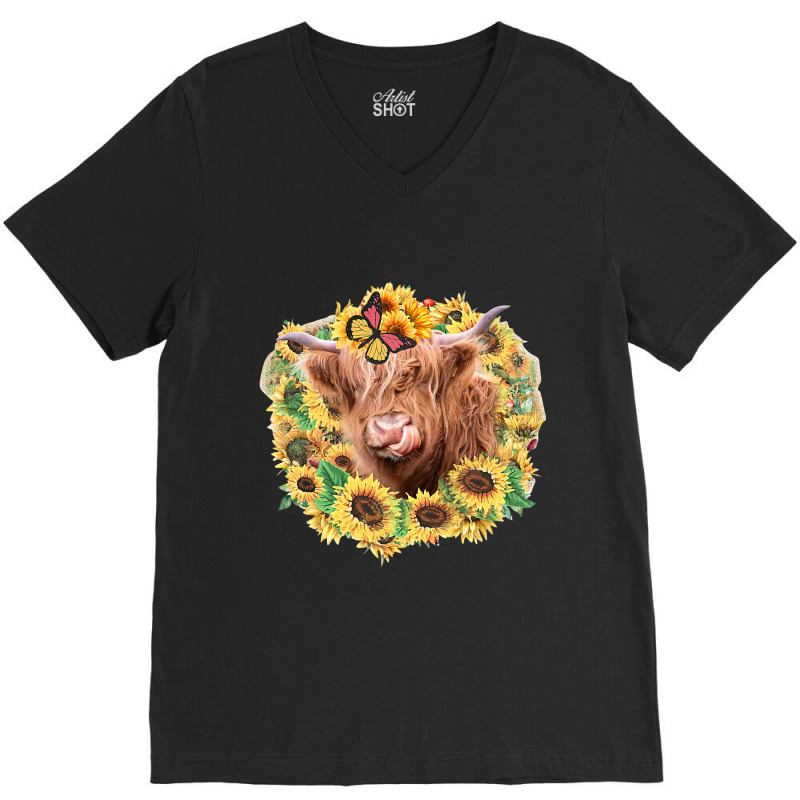 Highland Cow Sunflower Butterfly Farm Animals Western Heifer 141 V-neck Tee | Artistshot