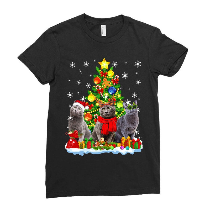 Cute Russian Blue Cat Santa Hat Xmas Tree Christmas Pajama 101 Ladies Fitted T-Shirt by whoretacarpal | Artistshot