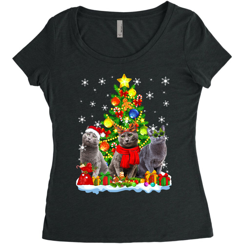 Cute Russian Blue Cat Santa Hat Xmas Tree Christmas Pajama 101 Women's Triblend Scoop T-shirt by whoretacarpal | Artistshot