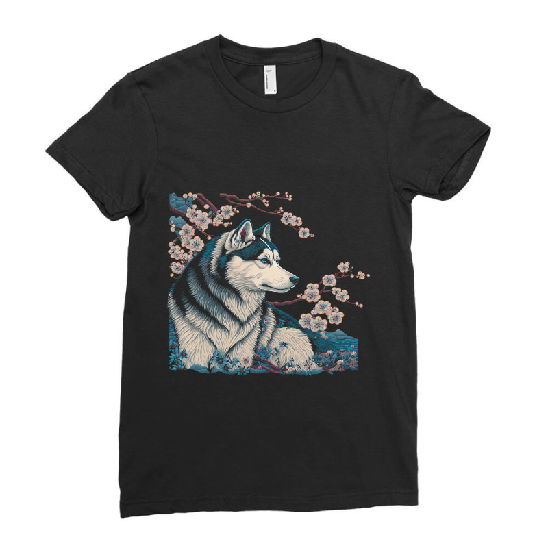 Surrealism Japanese Painting Siberian Husky Dog 3 Ladies Fitted T-Shirt by JONNELLENORTONN | Artistshot