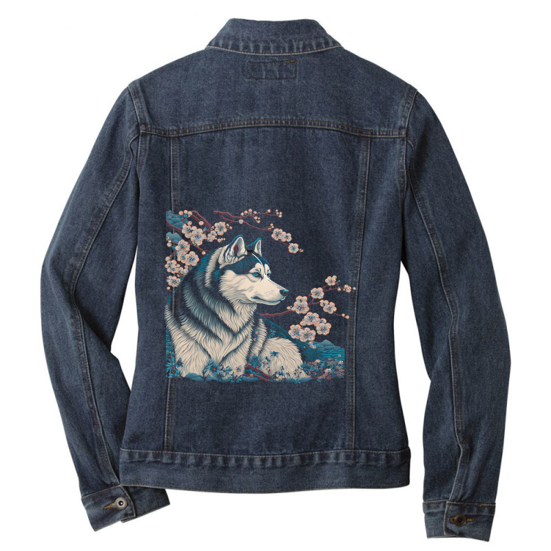 Surrealism Japanese Painting Siberian Husky Dog 3 Ladies Denim Jacket by JONNELLENORTONN | Artistshot