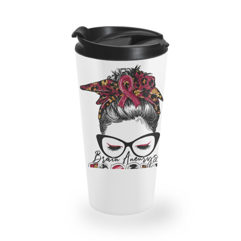 Messy Bun Women Burgundy Ribbon Brain Aneurysm War Travel Mug | Artistshot