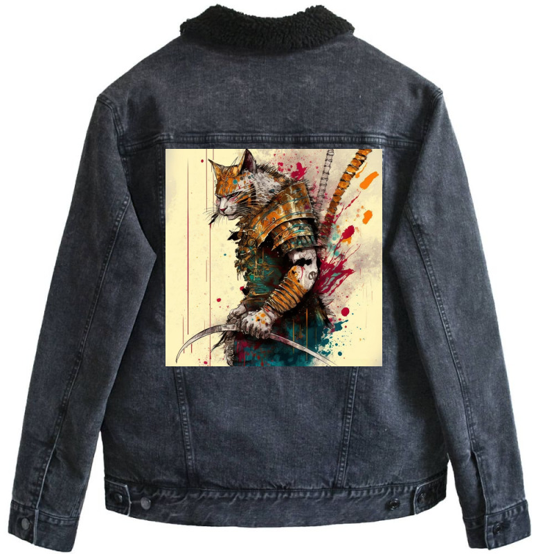 Cat In Action Pose Unisex Sherpa-Lined Denim Jacket by TheDol | Artistshot