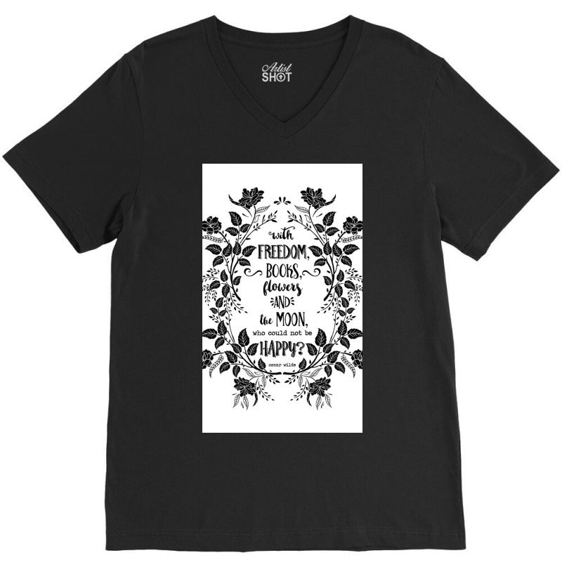 Freedom & Books & Flowers & Moon V-Neck Tee by Brindleygv | Artistshot