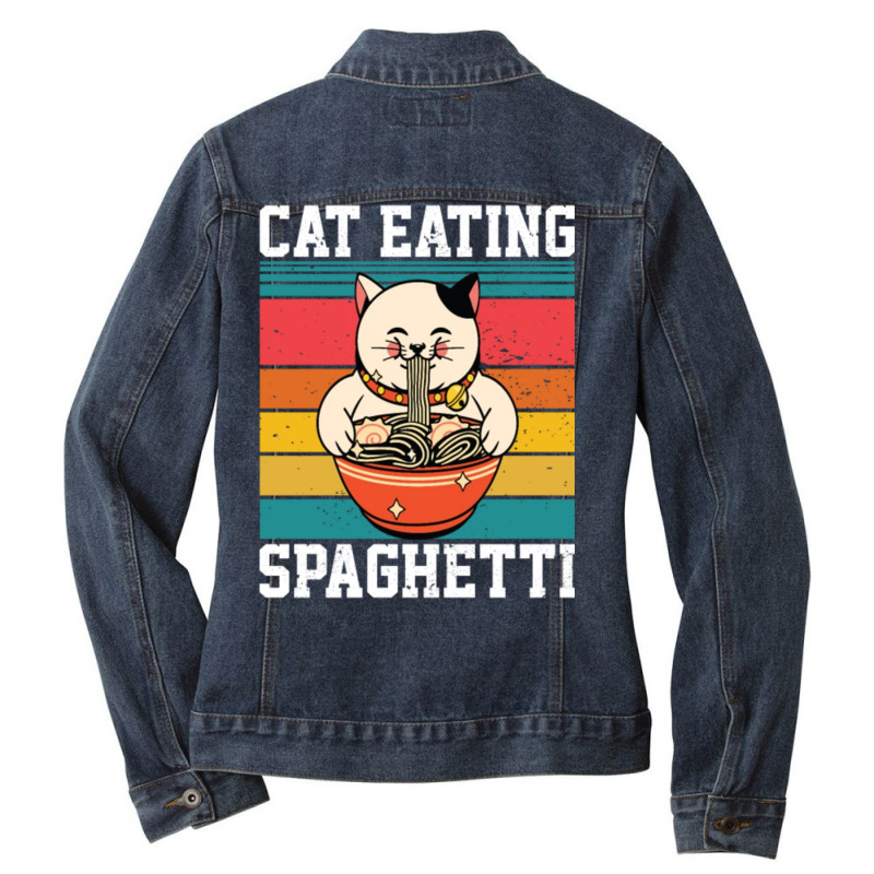 Cat Eating Spaghetti Ladies Denim Jacket by kakashop | Artistshot