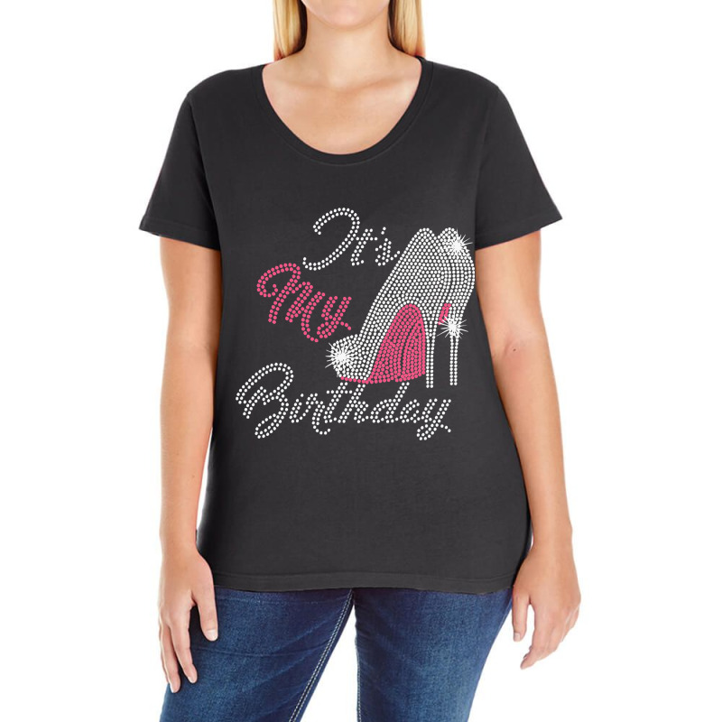 It's My Birthday Cursive Shoes Bling Rhinestone Ladies Curvy T-Shirt by home12 | Artistshot