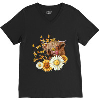 Cute Highland Cow Sunflowers Daisies Cows Farm Ani V-neck Tee | Artistshot