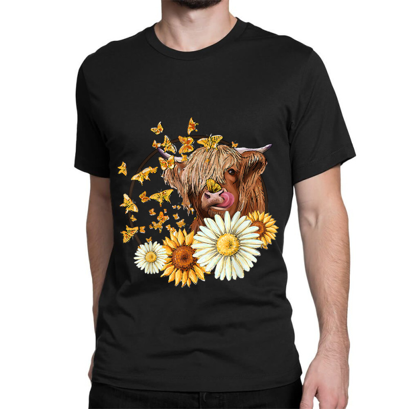 Cute Highland Cow Sunflowers Daisies Cows Farm Ani Classic T-shirt | Artistshot