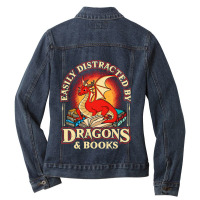 Easily Distracted By Dragons & Books Nerd Dragon L Ladies Denim Jacket | Artistshot