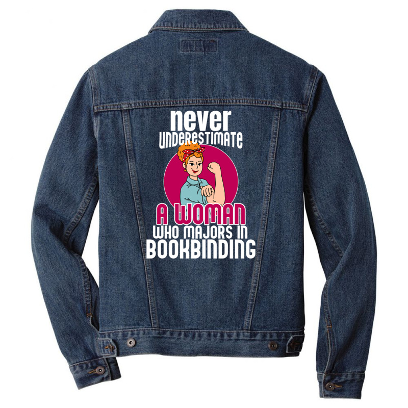 Never Underestimate Woman Bookbinding Men Denim Jacket by DonoArt | Artistshot