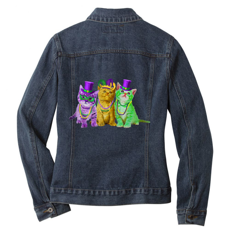 Kitten Cat Mask Beads Mardi Gras New Orleans Cat L Ladies Denim Jacket by donellajeremykoa | Artistshot