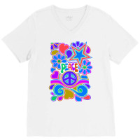 Peace And Love Flowers And Stars Hippie Design V-neck Tee | Artistshot