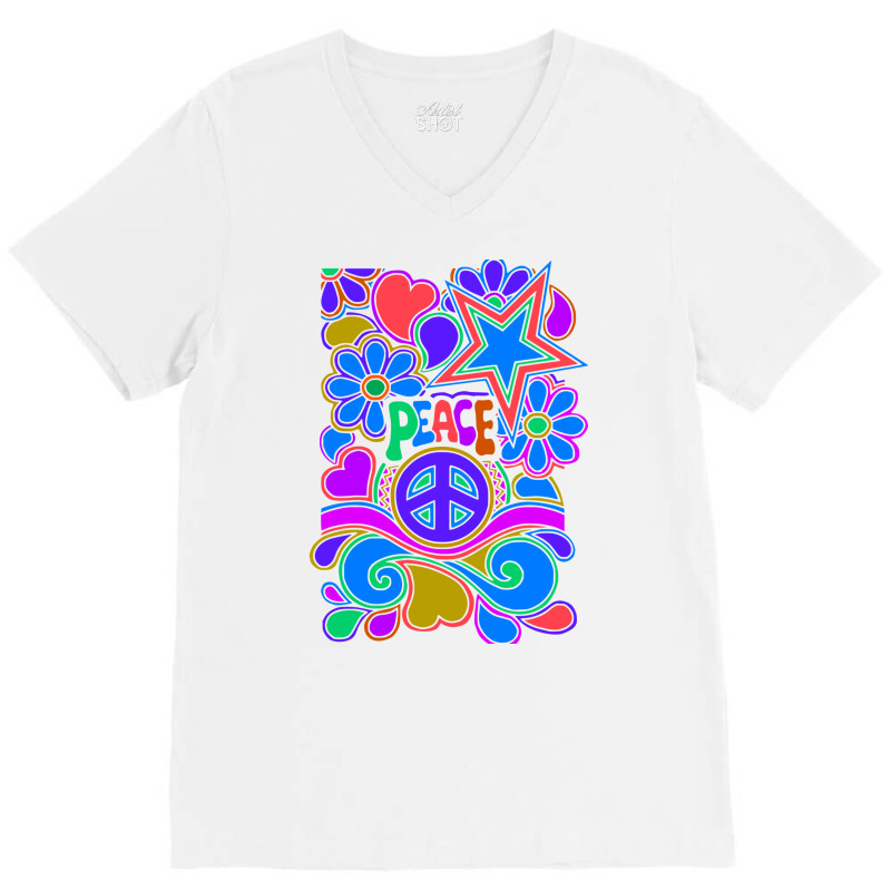 Peace And Love Flowers And Stars Hippie Design V-Neck Tee by dallycoplina | Artistshot