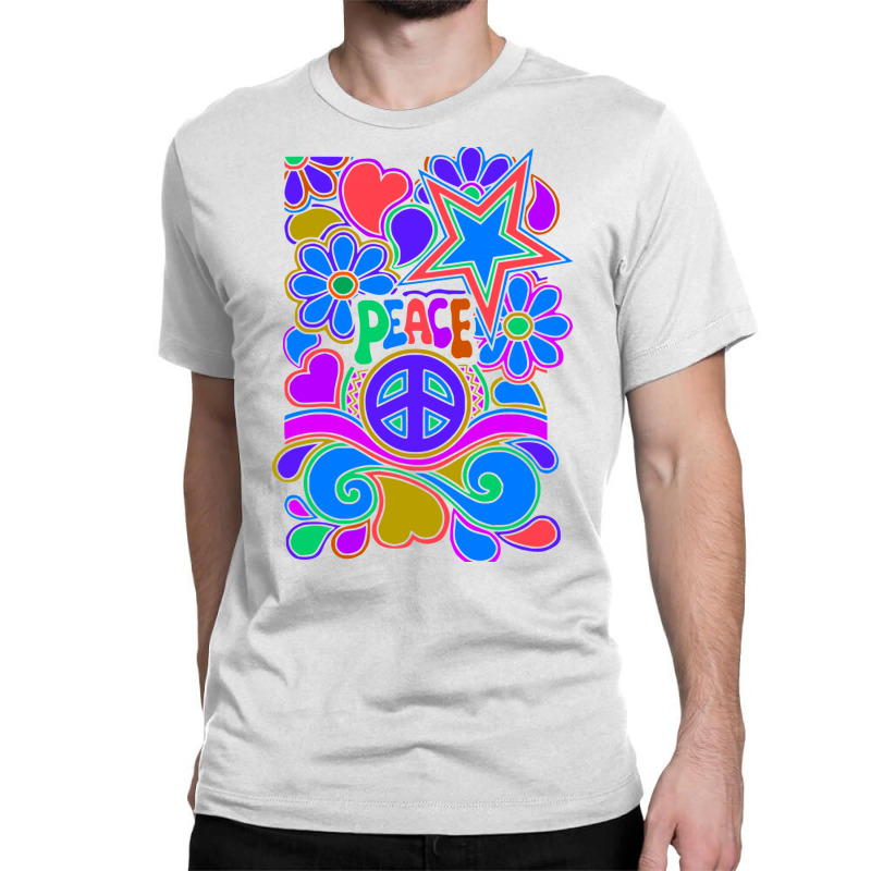 Peace And Love Flowers And Stars Hippie Design Classic T-shirt by dallycoplina | Artistshot