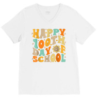 Teacher Kids Retro Groovy 100 Days Happy 100th Day V-neck Tee | Artistshot