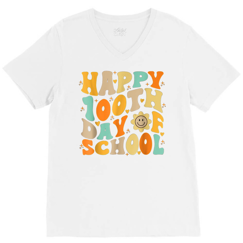 Teacher Kids Retro Groovy 100 Days Happy 100th Day V-neck Tee | Artistshot