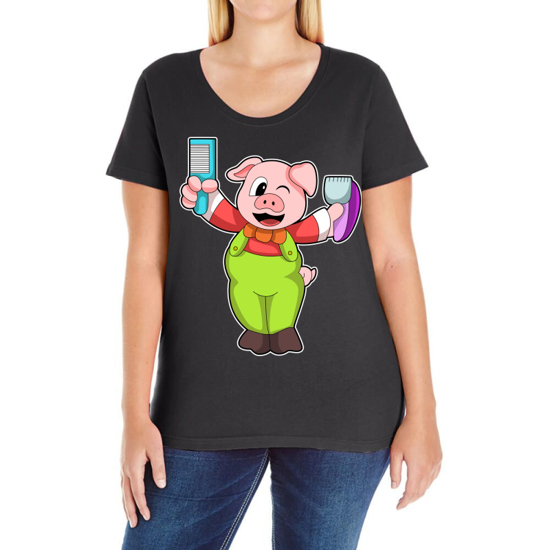 Pig With Comb Razor Boy Ladies Curvy T-Shirt by niventriskao | Artistshot