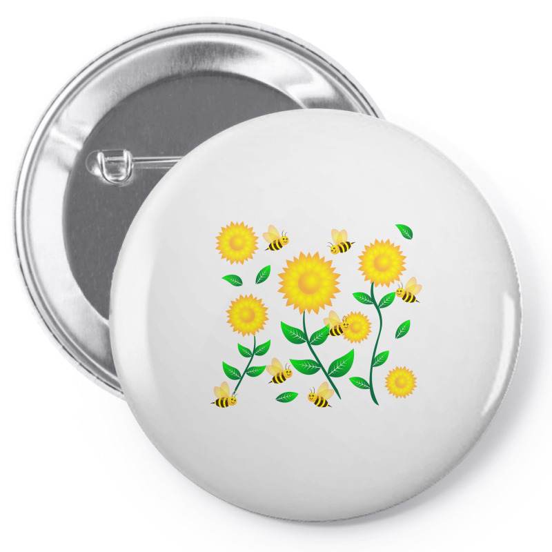 Honey Bee Cartoon On Sunflower Pattern Pin-back Button | Artistshot