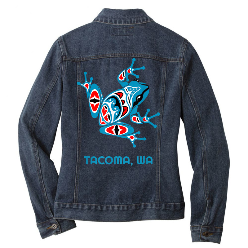 Tacoma Wa Red Blue Frog Pnw Art Native American T Ladies Denim Jacket by ryniuga | Artistshot