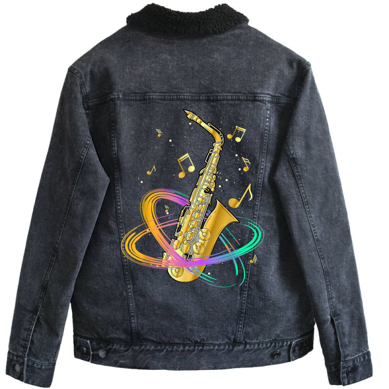 Saxophone Player Musical Notes Jazz Musician Saxop Unisex Sherpa-Lined Denim Jacket by peeteeh | Artistshot