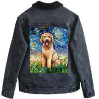 Cute Goldendoodle Starry Night Doodle Dog Art By A Unisex Sherpa-lined Denim Jacket | Artistshot