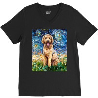 Cute Goldendoodle Starry Night Doodle Dog Art By A V-neck Tee | Artistshot