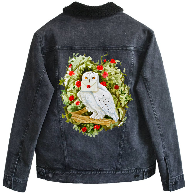 Sticker With Watercolor Illustration. White Owl Wi Unisex Sherpa-Lined Denim Jacket by gwozdztobackn | Artistshot