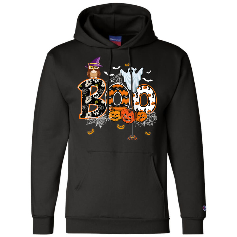 Boo Creepy Owl Pumpkin Ghost Funny Halloween Costu Champion Hoodie | Artistshot