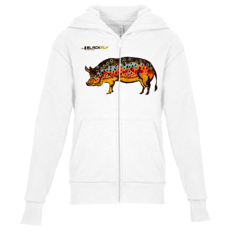 Funny Fly Fishing Pig Hog With Brown Trout Skin Te Youth Zipper Hoodie by kranendon | Artistshot