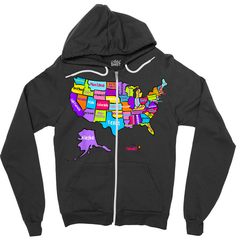 Colorful Us Map With States Names, United States U Zipper Hoodie | Artistshot