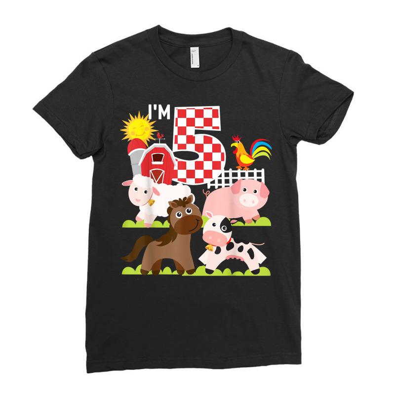 Farm Animals Barnyard 5th Birthday I'm 5 Year Old Ladies Fitted T-Shirt by fieyzacik | Artistshot