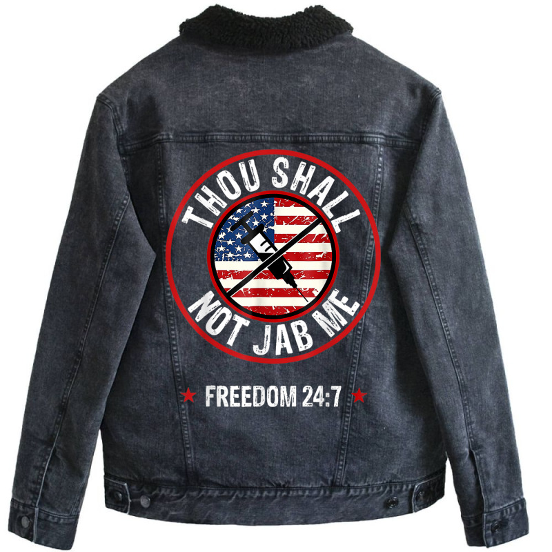 Thou Shall Not Jab Me Anti Vax No Vaccine Freedom Unisex Sherpa-Lined Denim Jacket by kranendon | Artistshot