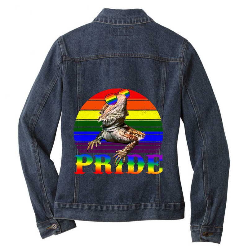 Pride Bearded Dragon Gay Lgbtq Rainbow Flag Retro  Ladies Denim Jacket by spreesgomez | Artistshot