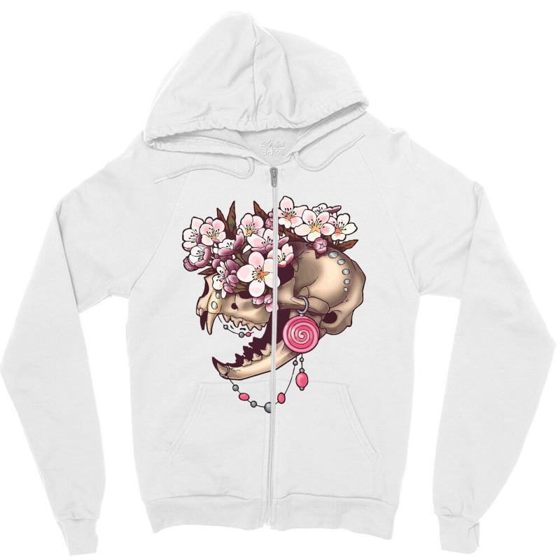 Fancy Cat Skull With Cherry Blossums Zipper Hoodie | Artistshot