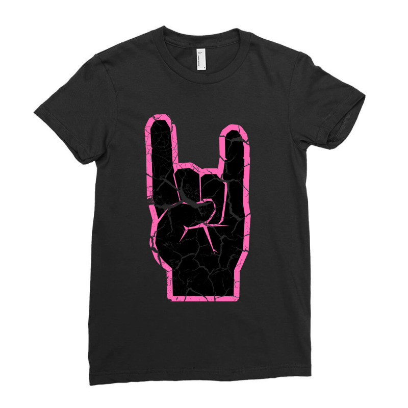 Heavy Metal Satan Horns Black & Hot Pink Cracked 1 Ladies Fitted T-Shirt by NANCYLTICKLE-SUMMERS | Artistshot