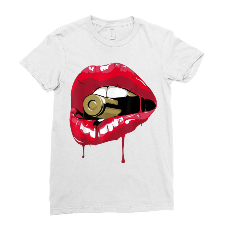 Red Lips Bullet Biting T Shirt Ladies Fitted T-Shirt by ewubea | Artistshot