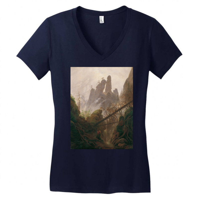 Caspar David Friedrich   Rocky Ravine In The Elbe Women's V-Neck T-Shirt by muttygleberp | Artistshot