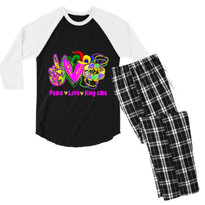 Peace Love King Cake Funny Mardi Gras Festival Par Men's 3/4 Sleeve Pajama Set | Artistshot